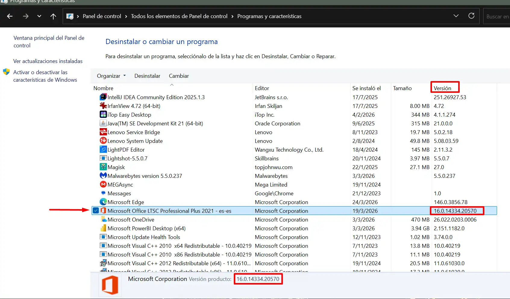 Versión de Office